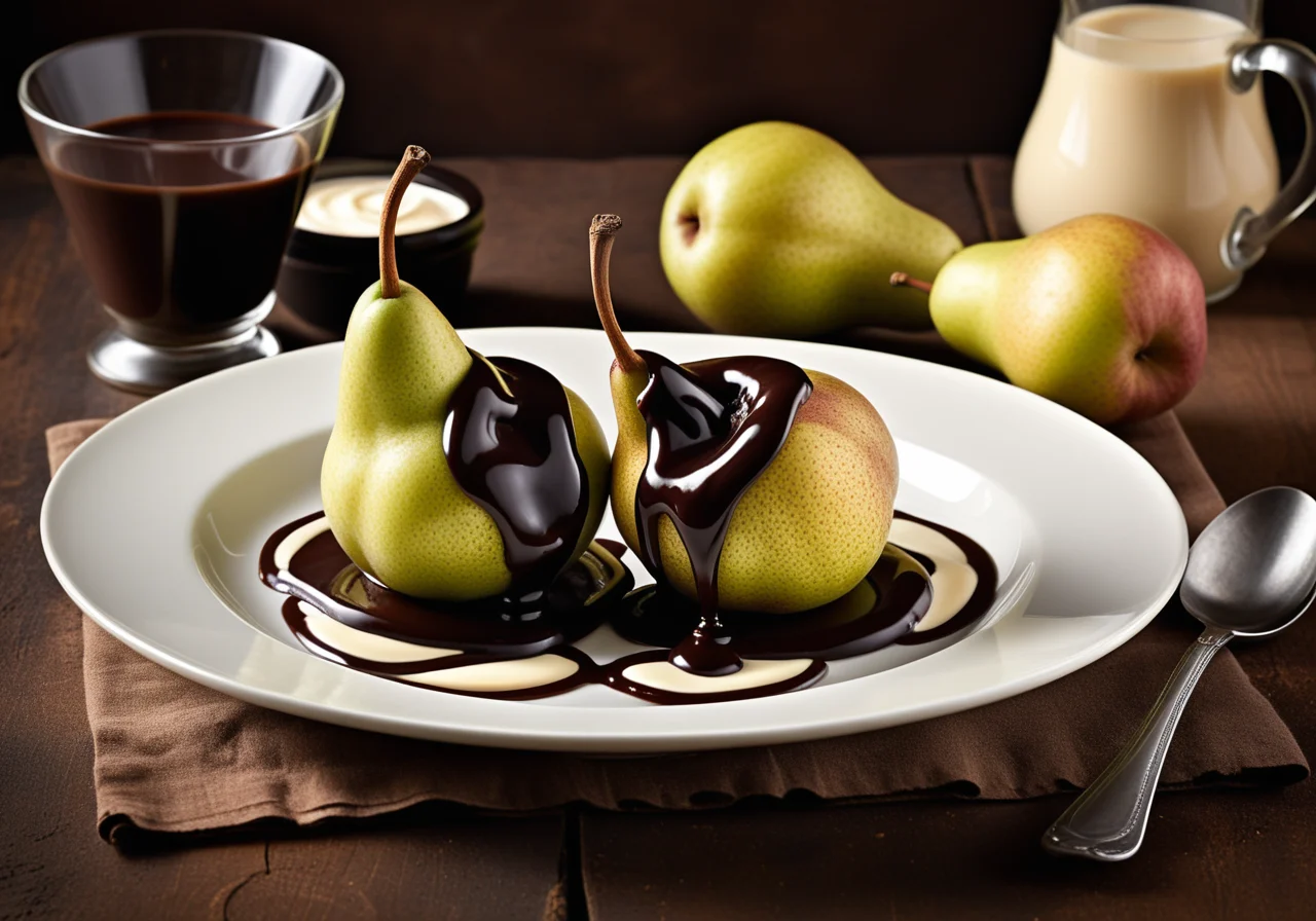 Pears with Chocolate Sauce and Cream