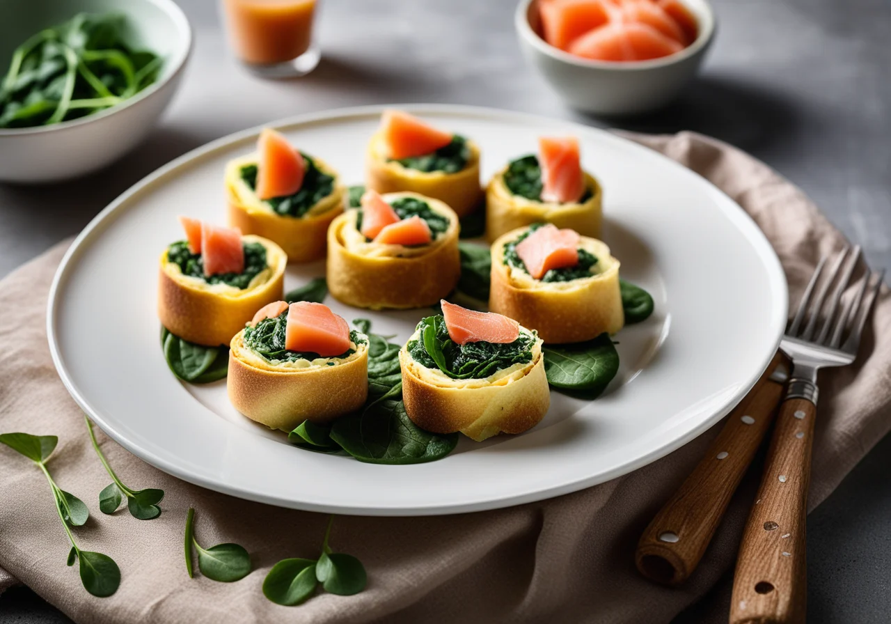 Omelette rolls with smoked salmon and spinach