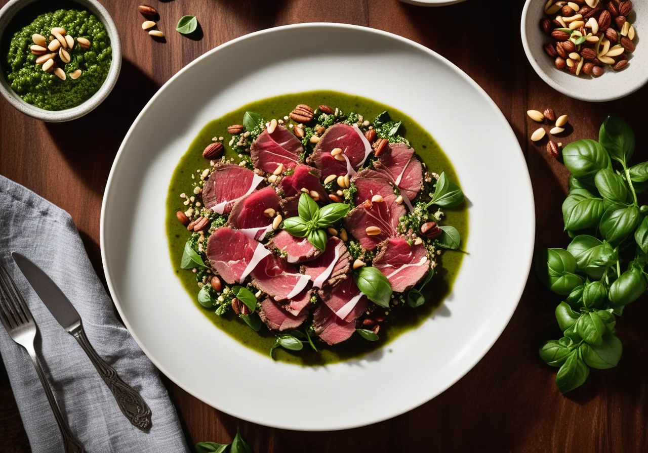 Pesto Beef Filet Carpaccio with Leafy Greens