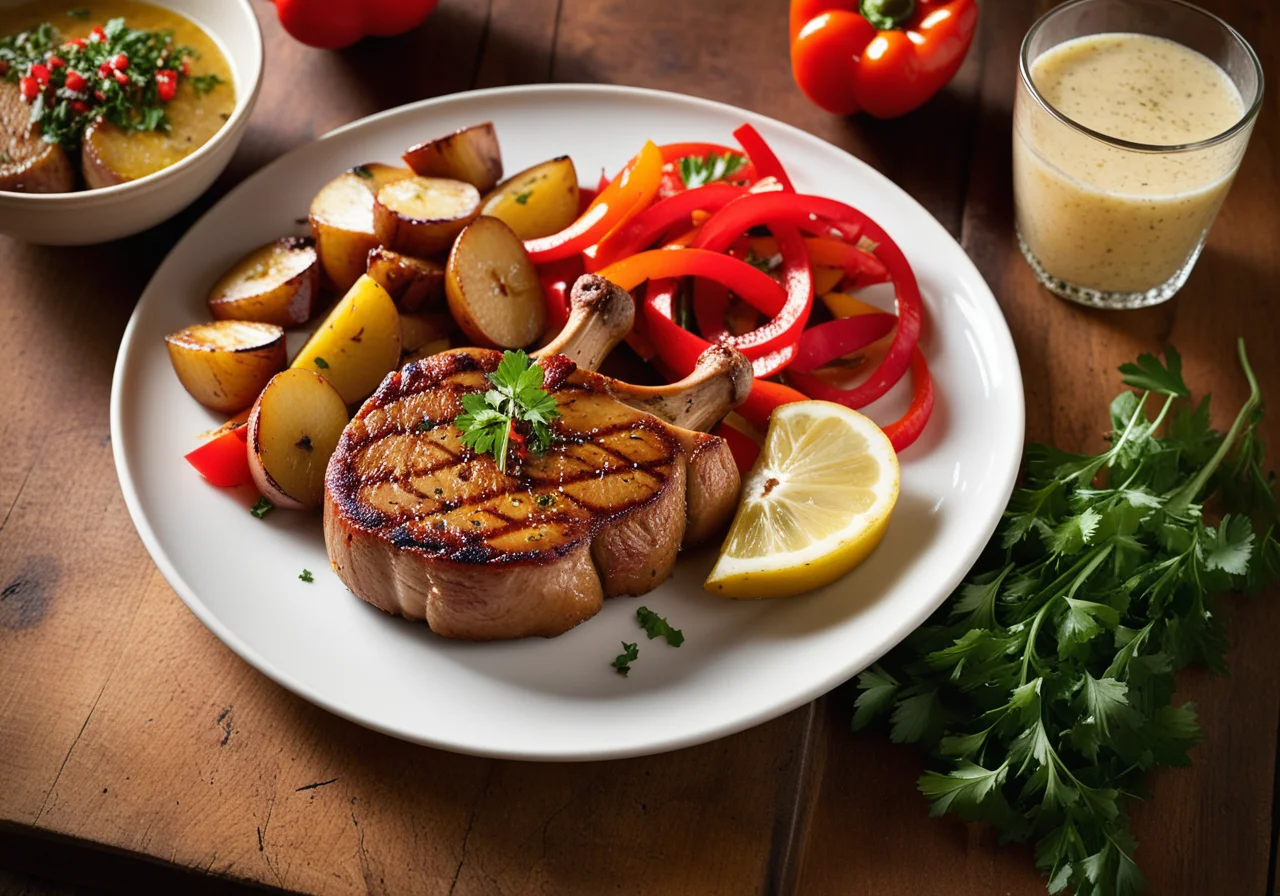 Marinated Pork Chops with Bell Pepper and Fried Bay Leaf Potatoes