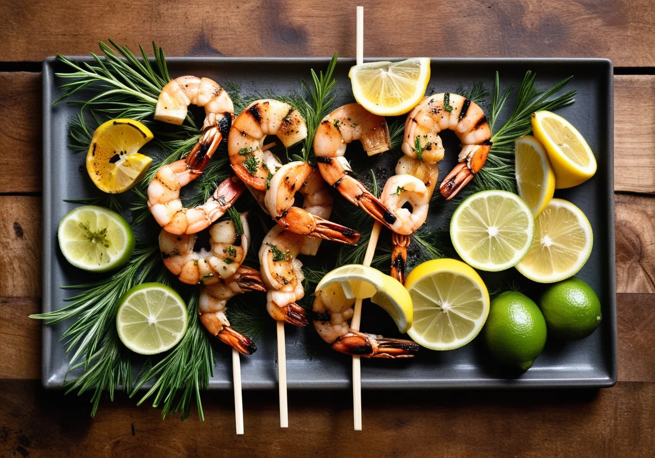 Shrimp Skewers with Sea Bass and Lemon