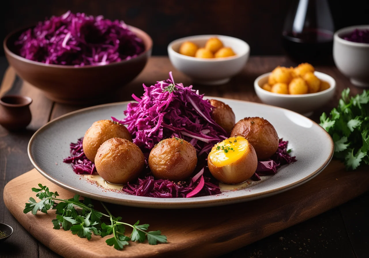 Duck Breast with Potato Puffballs and Rhubarb Red Cabbage