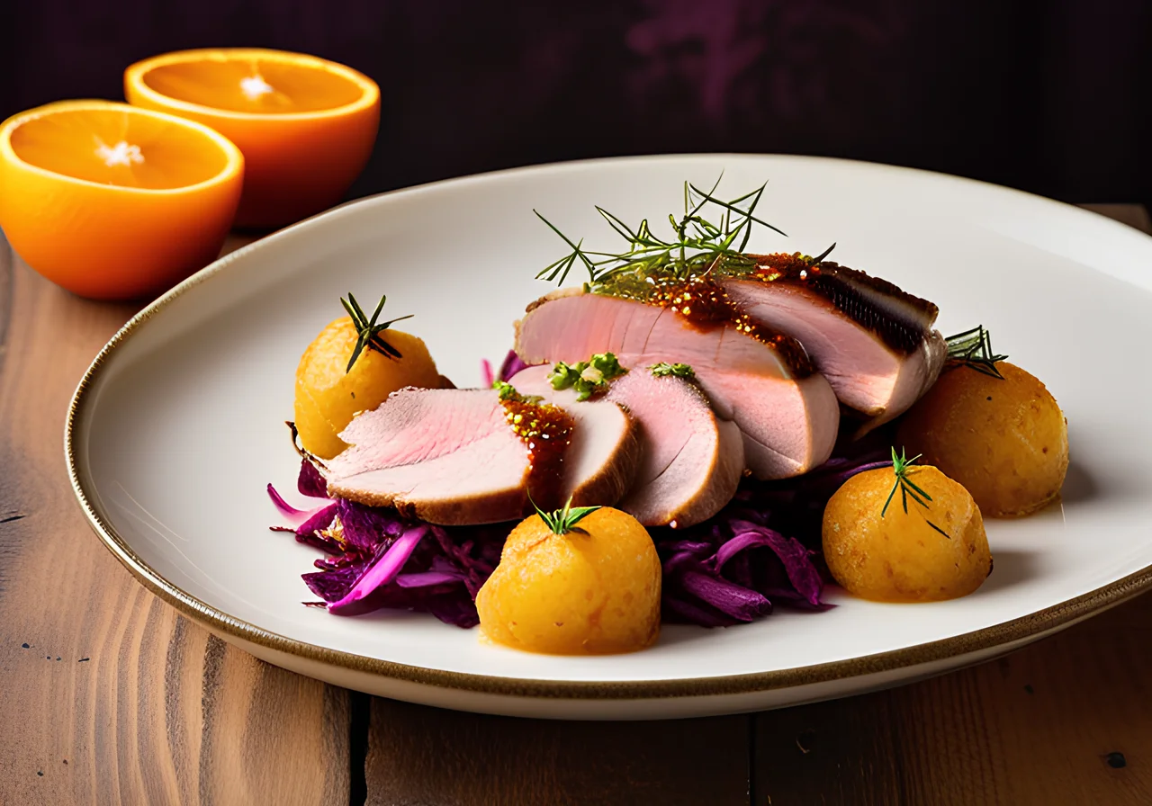 Duck Breast with Orange Red Cabbage and Potato Dumplings