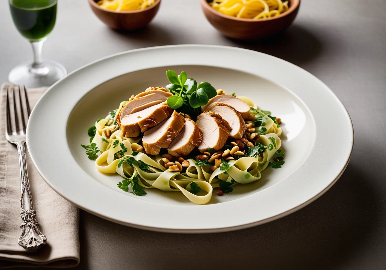 Ribbon Pasta with Fried Chicken and Chervil Watercress Sauce