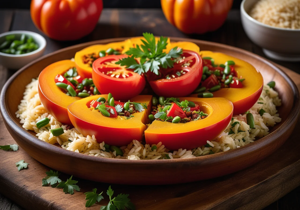 Pumpkin stuffed with rice and vegetables
