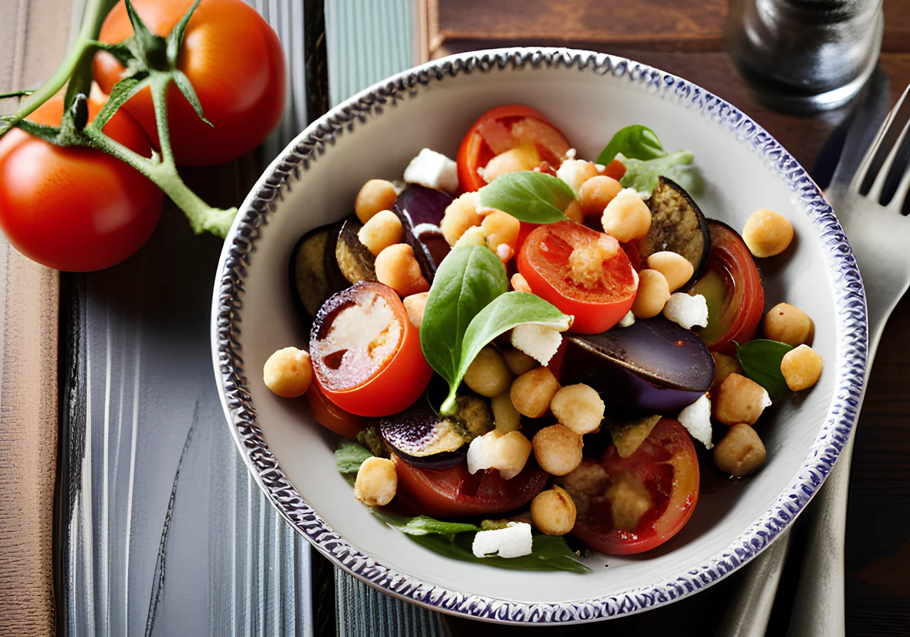 Eggplant, Tomato, Chickpea and Feta Salad