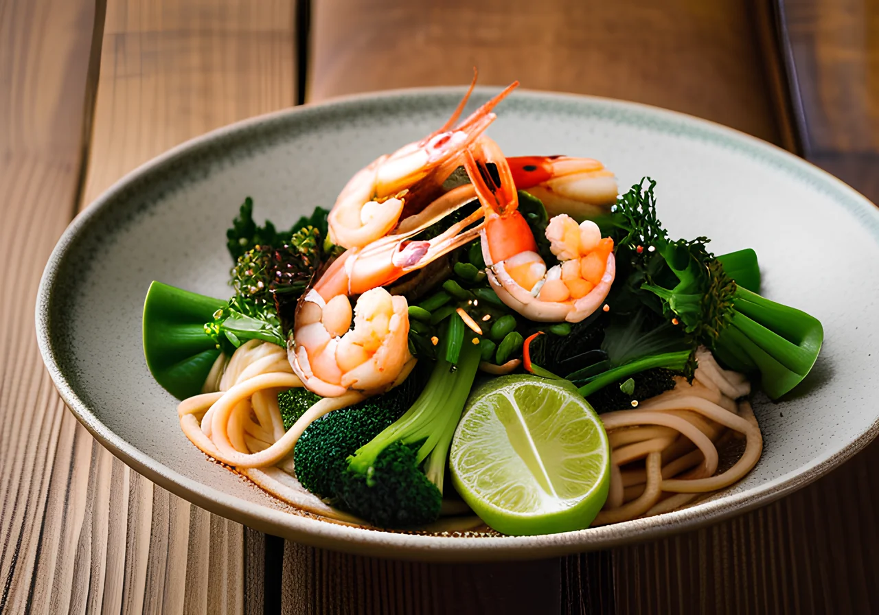 Buckwheat Noodles with Shrimp, Pak Choi, Broccoli and Kimchi