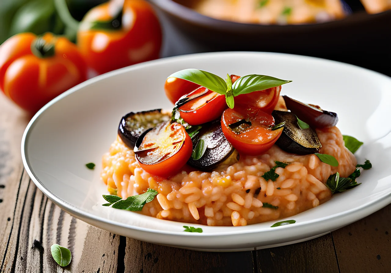 Tomato Risotto with Grilled Eggplant and Grana Padano Basil Oil