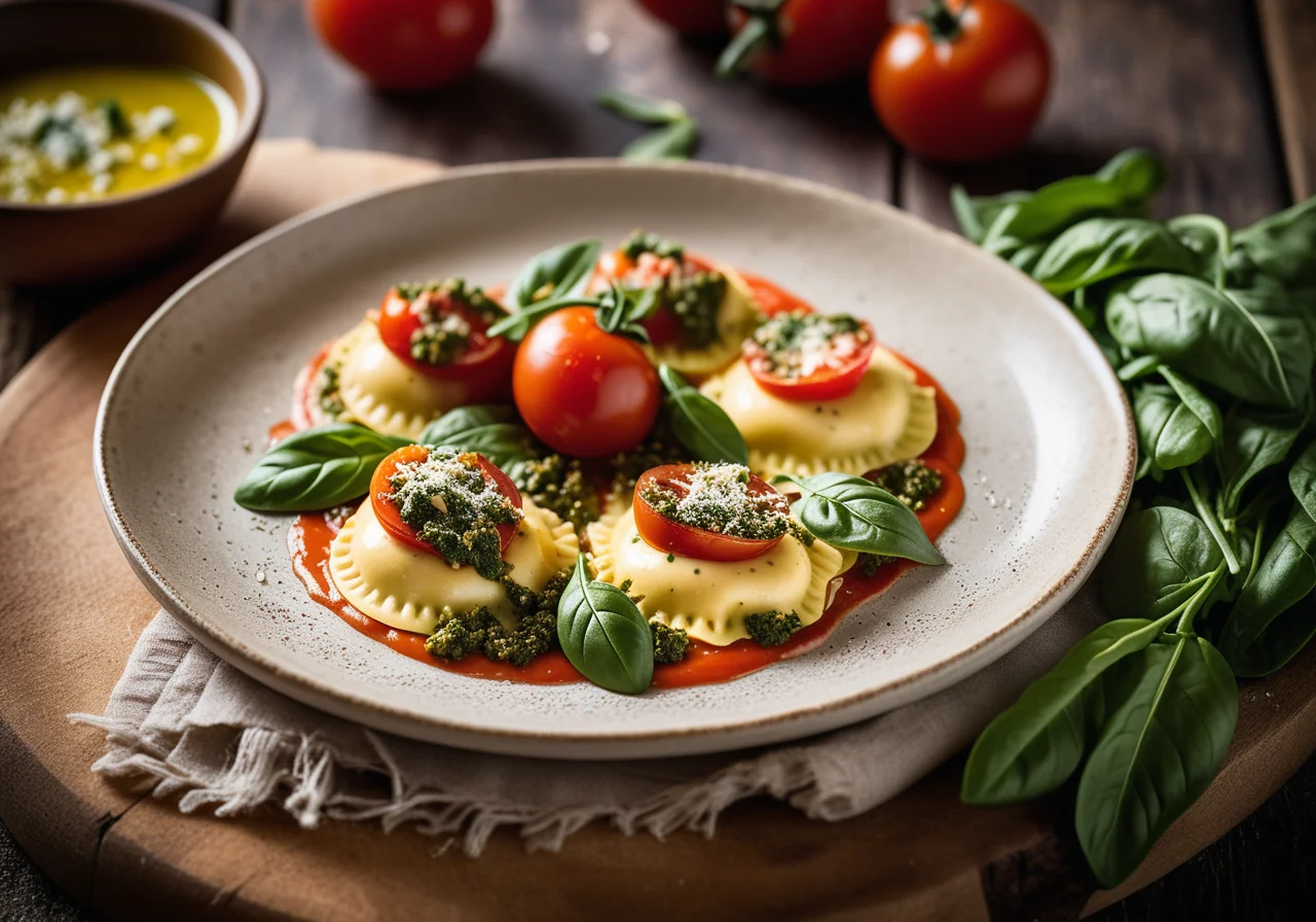 Goat Cheese Ravioli with Tomato Butter and Pesto