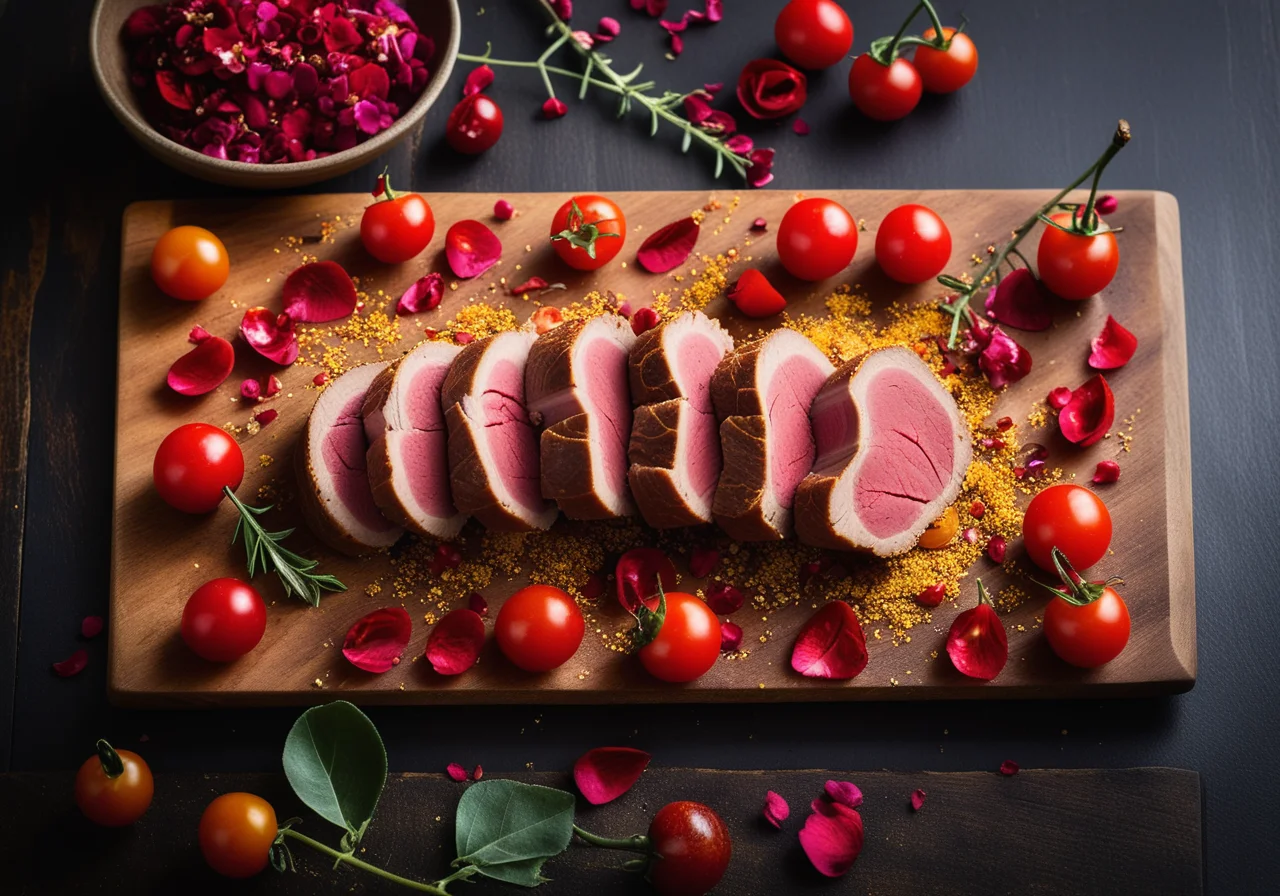 Veal Tenderloin with Quinoa Crust and Rose Petals