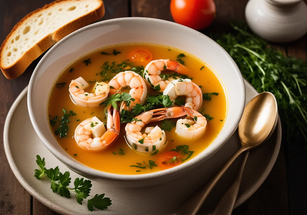 Seafood Soup with Toasted Bread