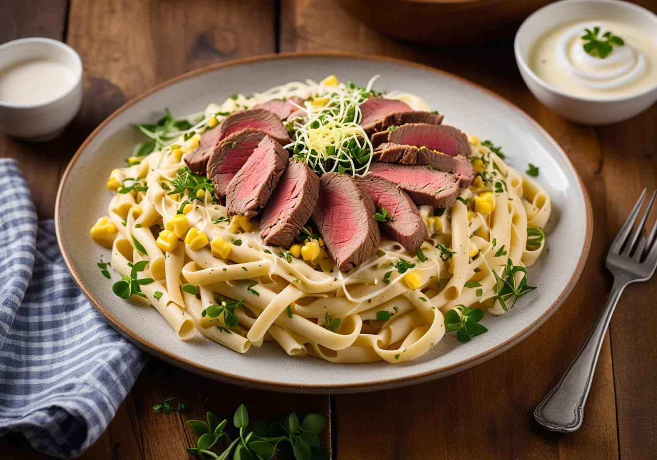 Pasta with Beef Fillet and Corn