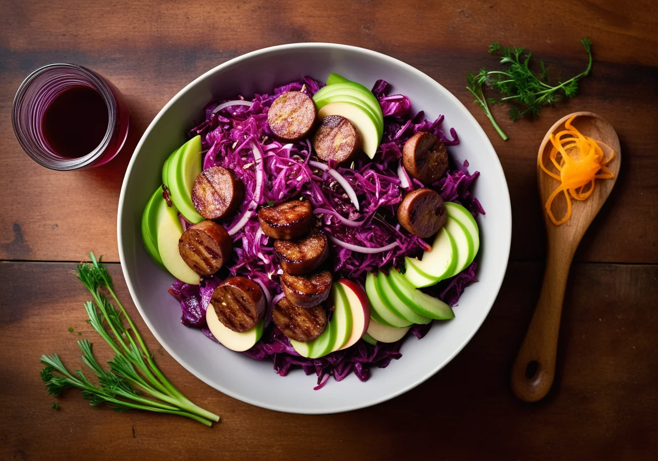Red Cabbage Salad with Sausages, Apple Slices and Mustard
