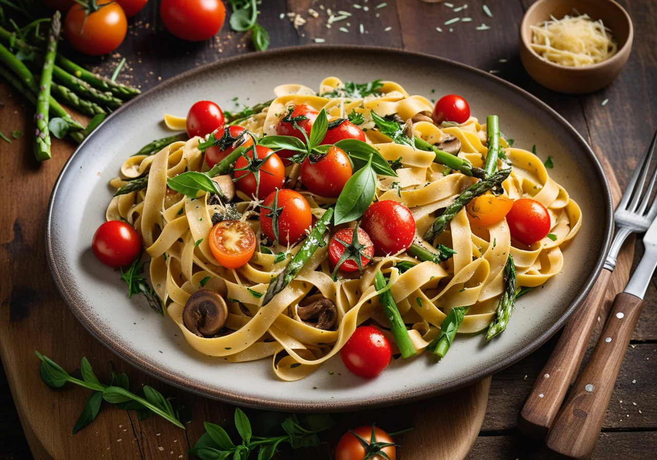 Pasta with Asparagus, Button Mushrooms, and Cherry Tomatoes