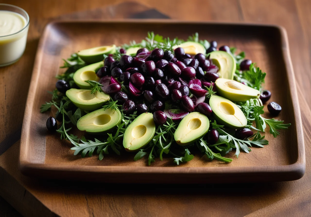 Leaf salad with avocado and scampi