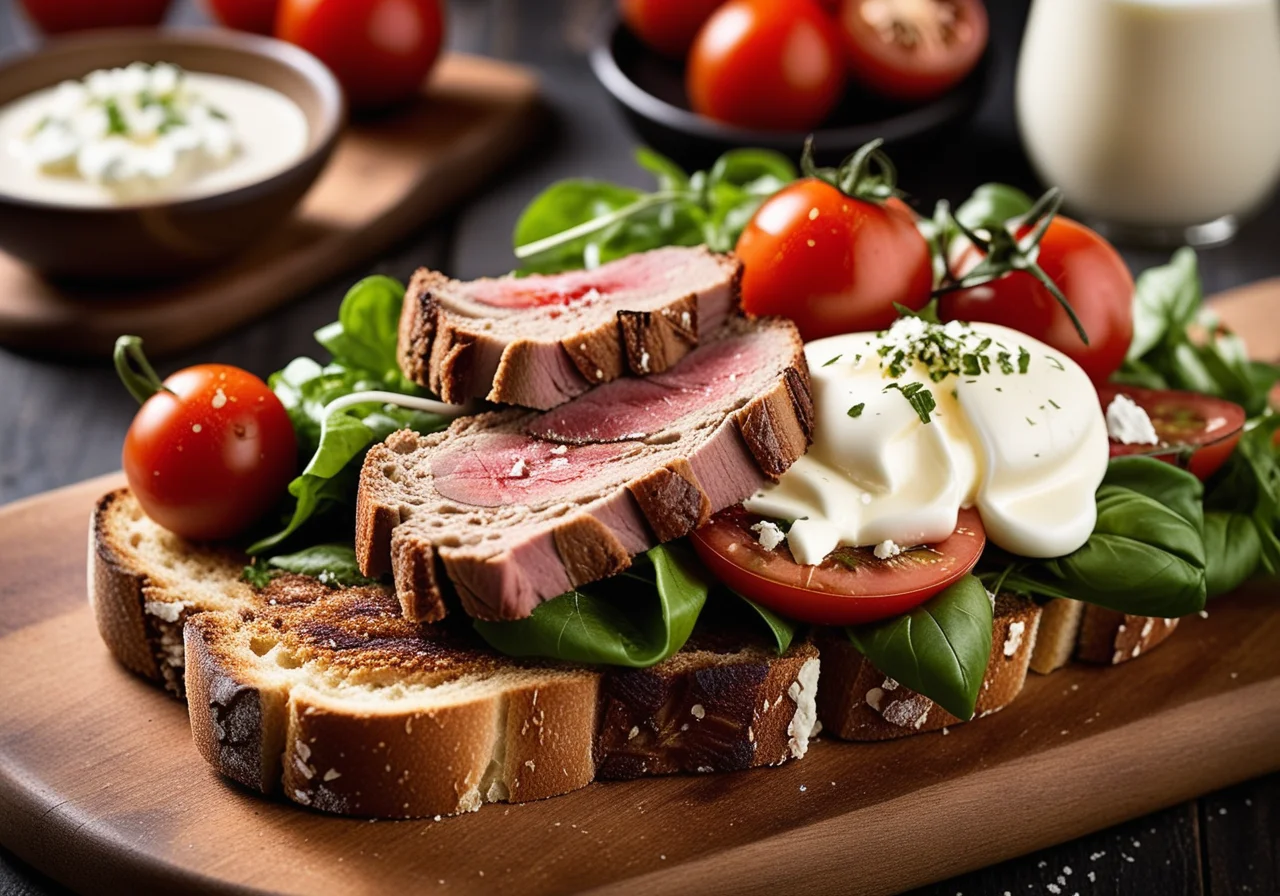 Toast with Steak, Salad and Tomatoes