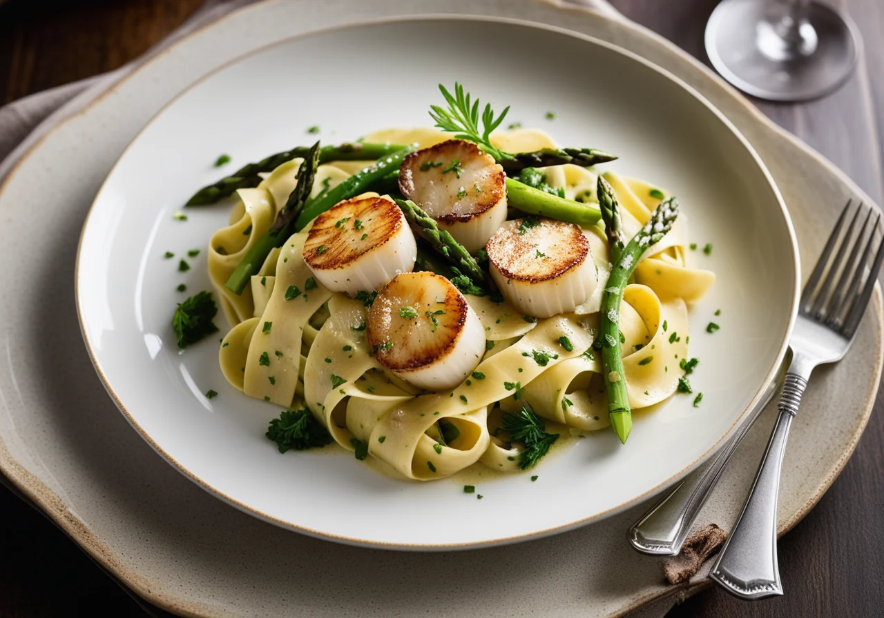 Pasta with Scallops, Pesto and Asparagus