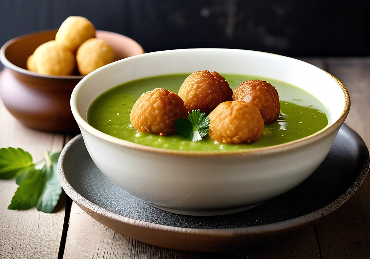 Pea-Mint Soup with Rice-Sesame Balls