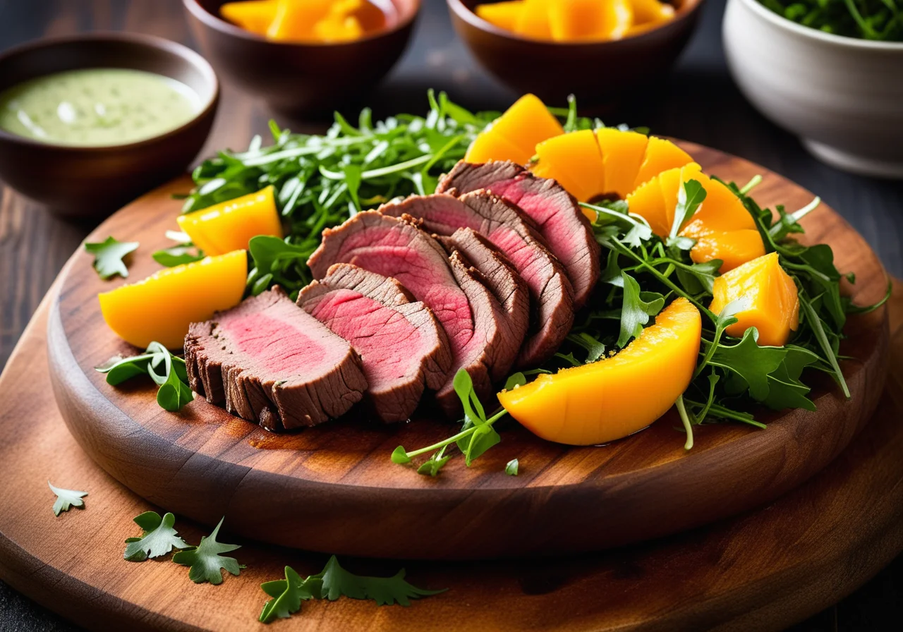 Salad with Beef Fillet, Spring Onions and Mango