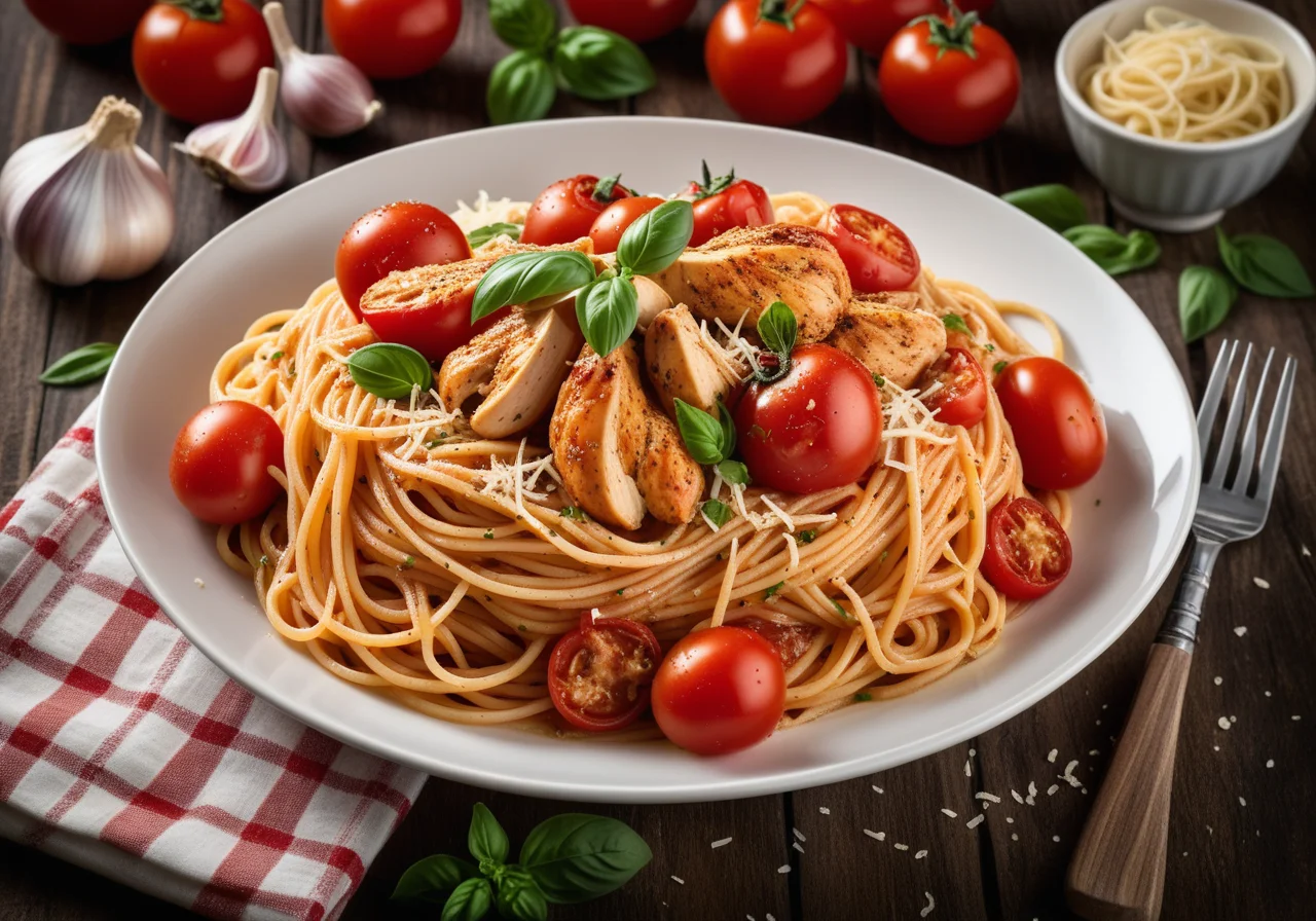 Spaghetti with Garlic Tomatoes and Chicken