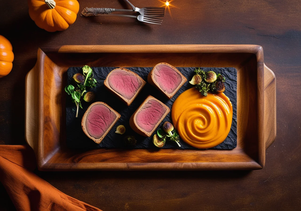 Venison loin wrapped in white bread with pumpkin puree and Brussels sprouts