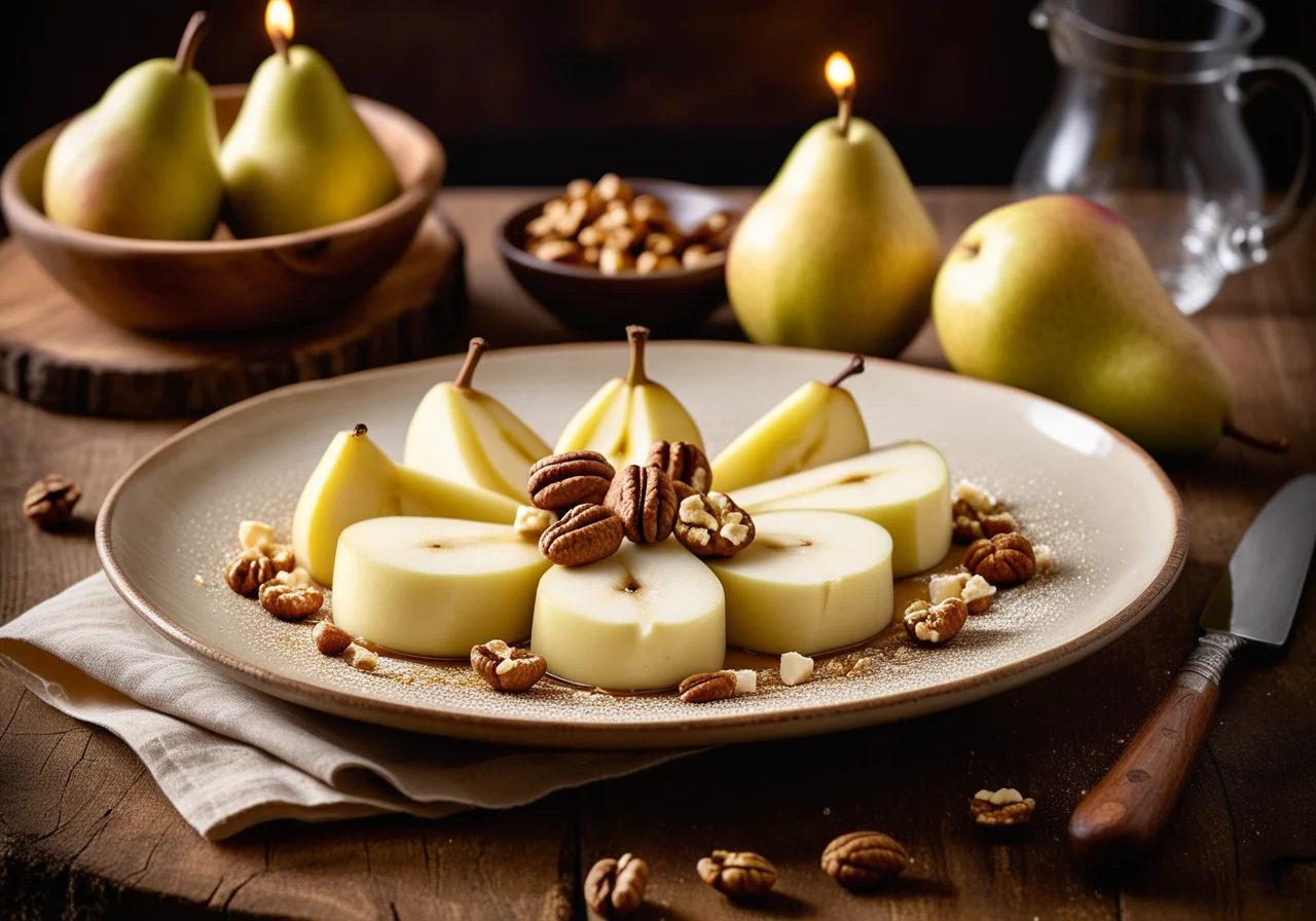 Goat cheese with honey and walnuts served with mustard pears
