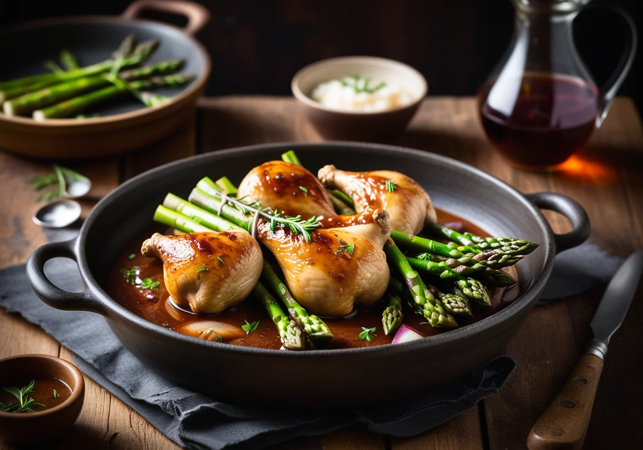 Chicken in Wine Sauce (Coq au vin) with Green Asparagus and Pearl Onions