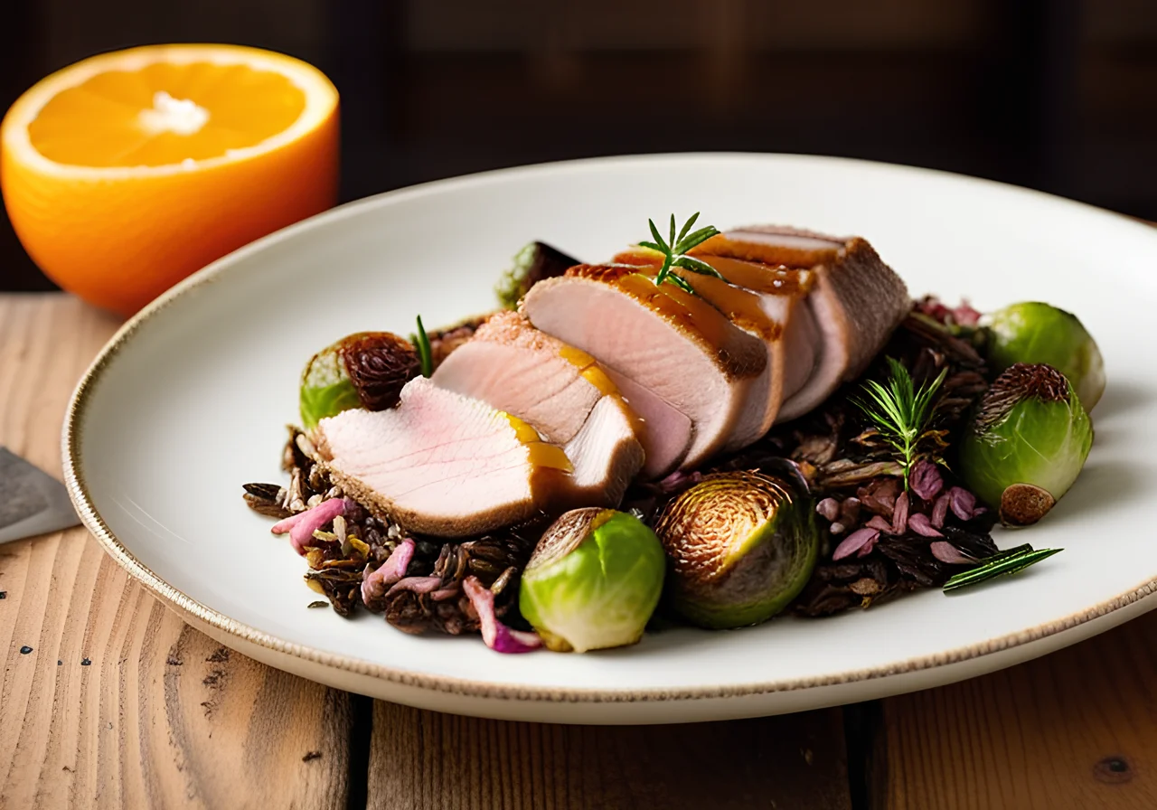 Duck Breast Fillet on Wild Rice and Brussels Sprouts Pan with Orange Sauce