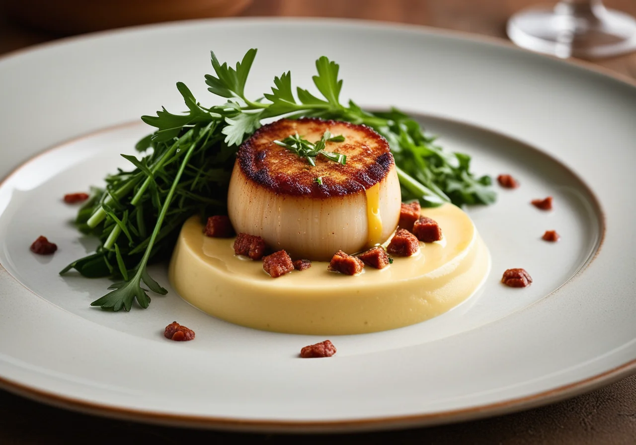 Scallops on Purée with Chorizo