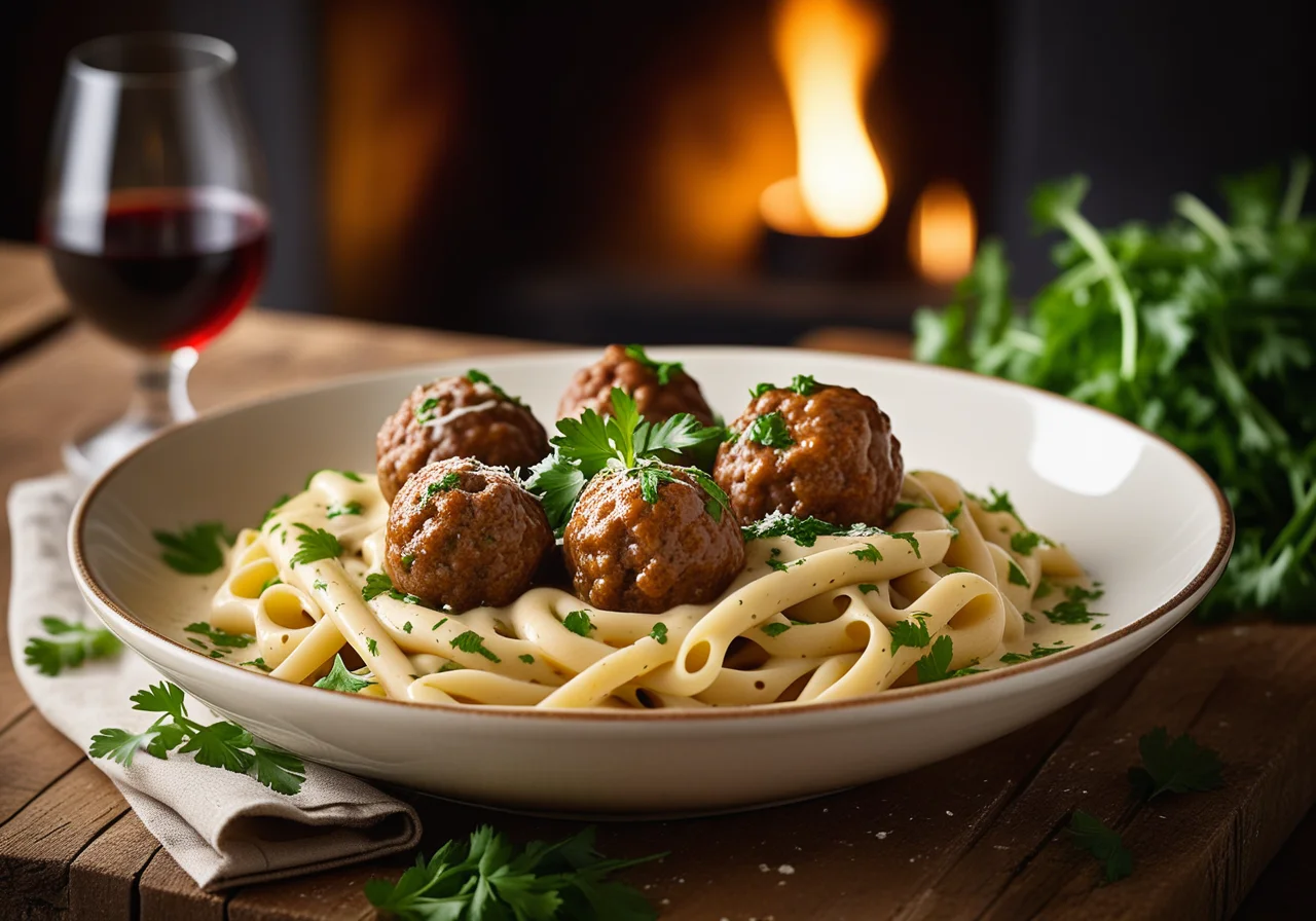 Pasta with Meatballs and Cream Sauce