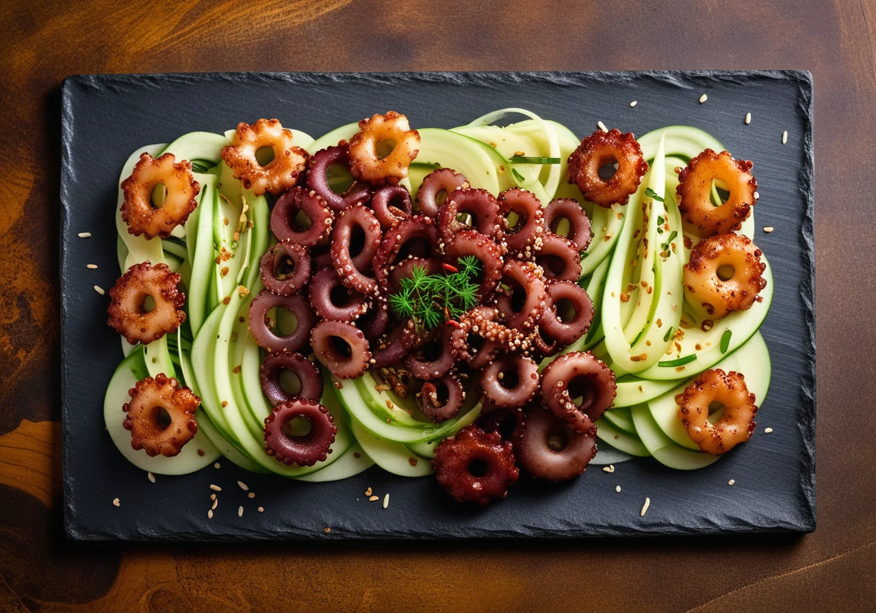 Octopus salad with lotus root and celery stalks