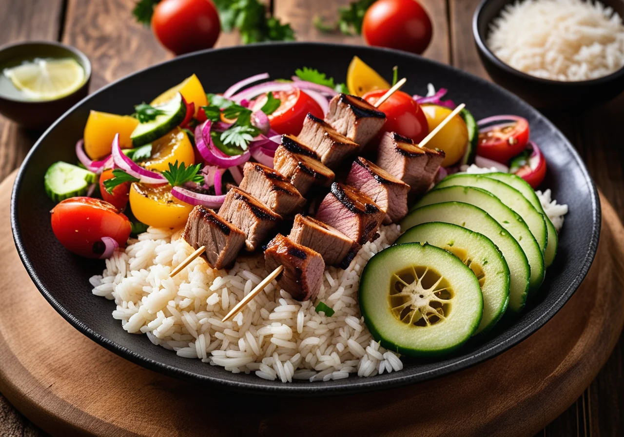 Meat Skewers with Salad and Rice