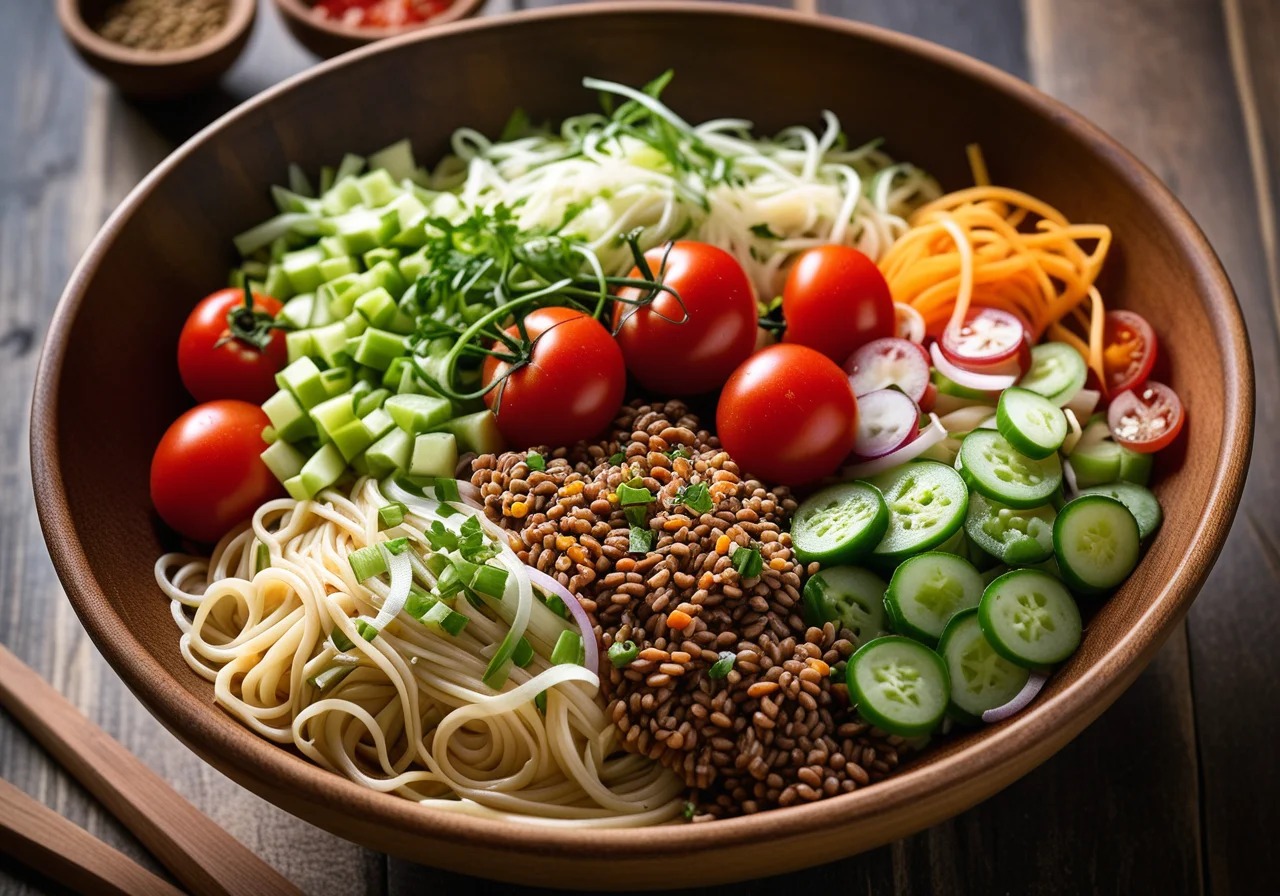Noodle salad with vegetables and mountain lentils