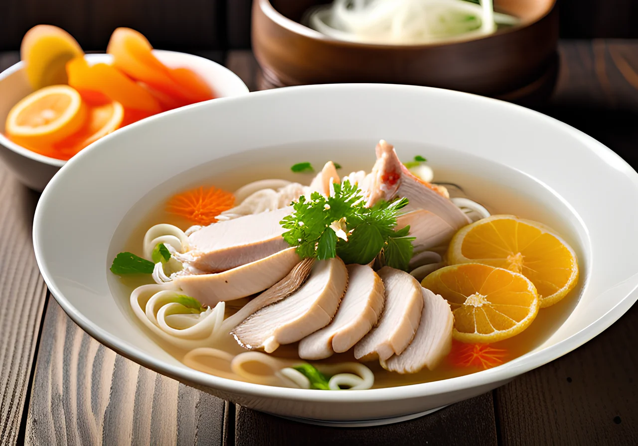Fresh Chicken Soup with Rice Noodles and Ginger
