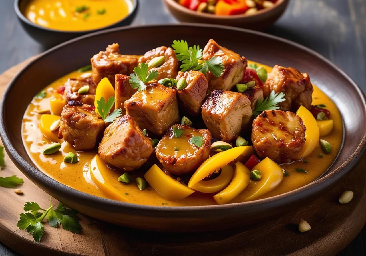 Brazilian Moqueca with Mango and Chicken Pistachio Skewers