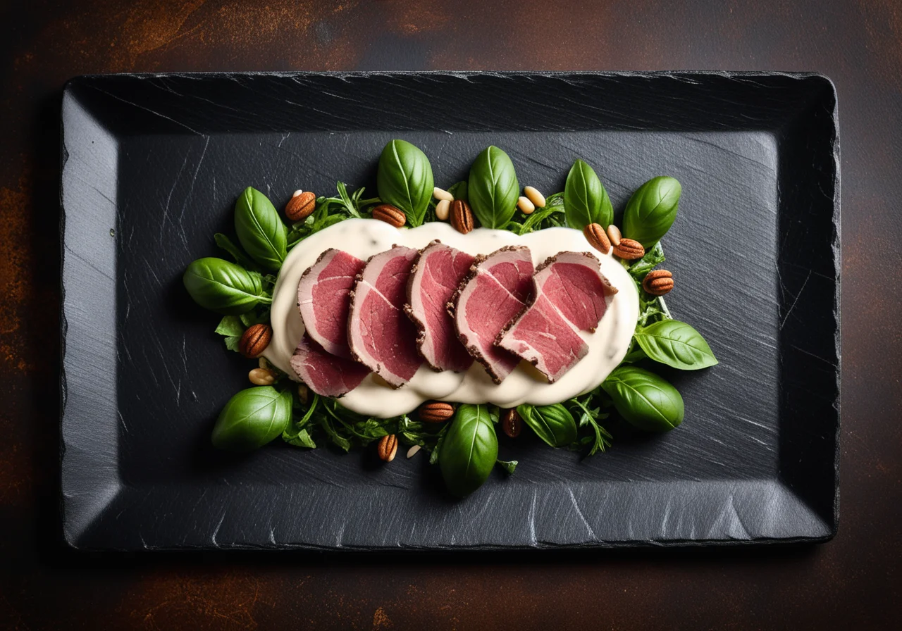 Beef Carpaccio with White Bean Cream and Pesto