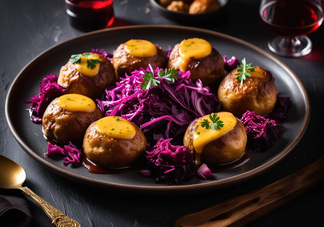 Roasted Goose Leg in Malzbier with Red Cabbage and Bread Dumplings