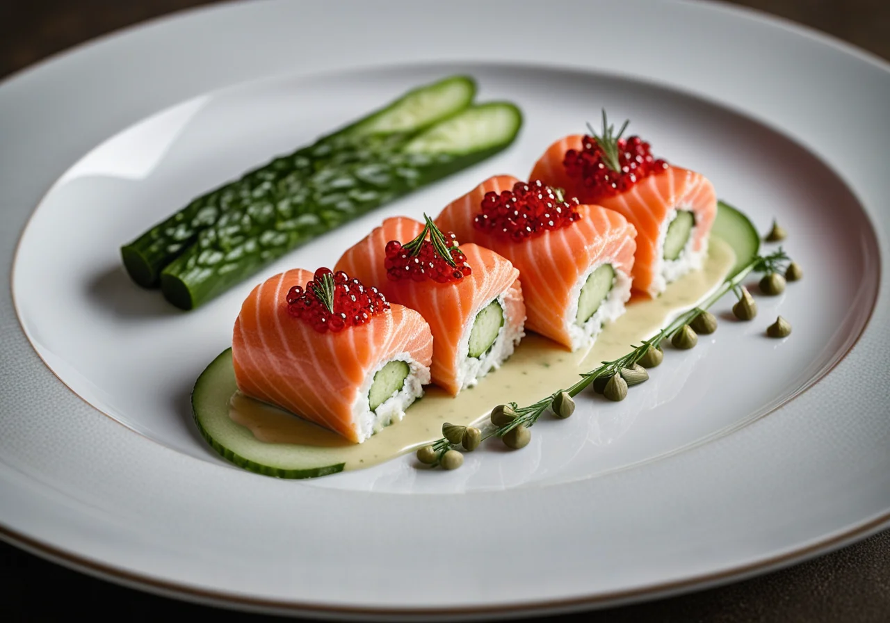 Salmon Rolls with Cucumber and Caviar