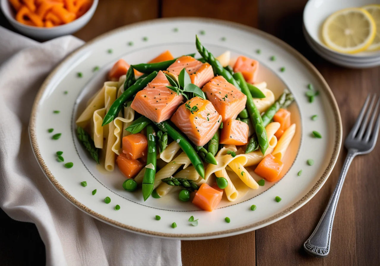 Pasta with Vegetables and Salmon Cubes