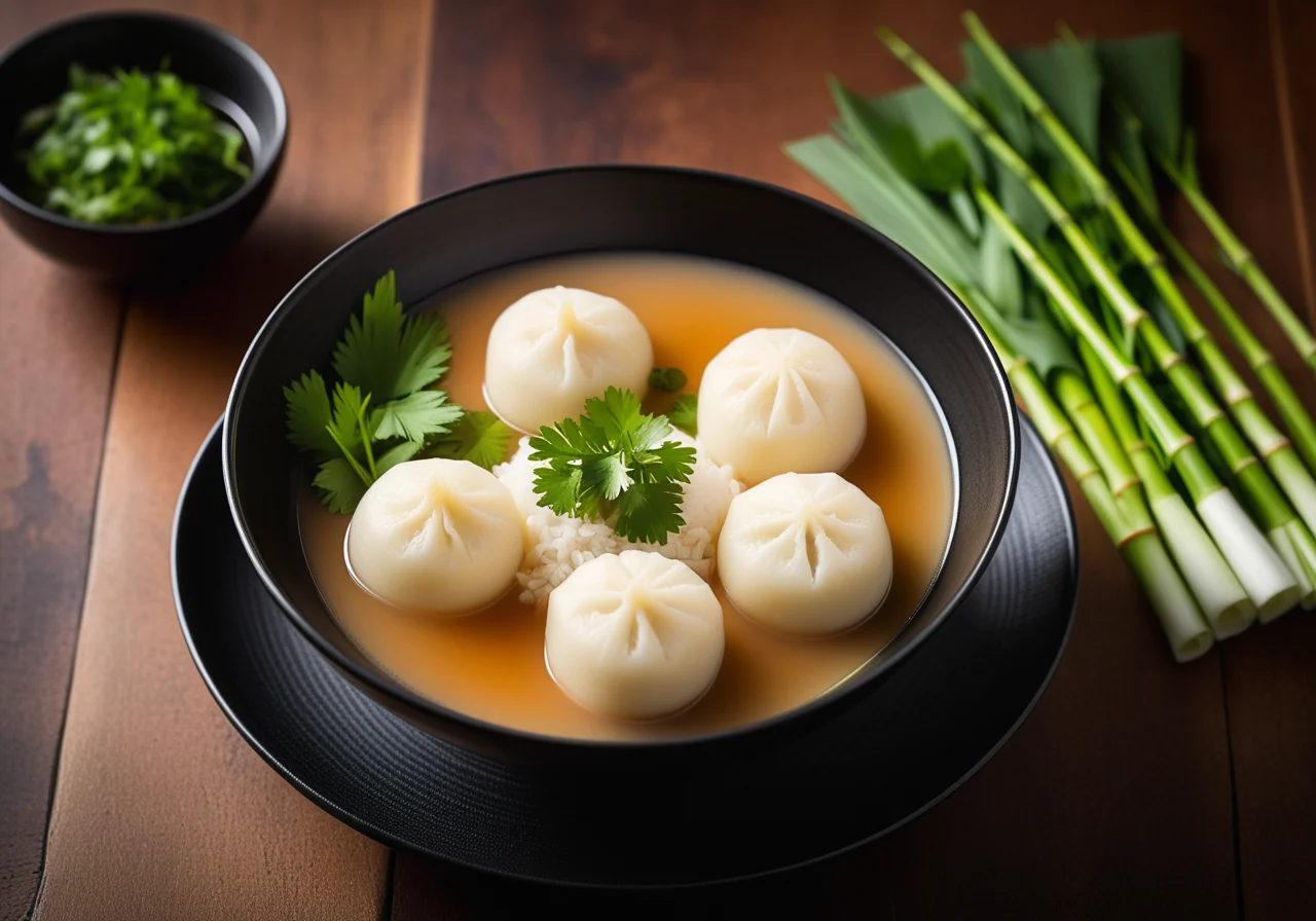 Broth with Salmon, Rice Dumplings, Bamboo and Vegetables