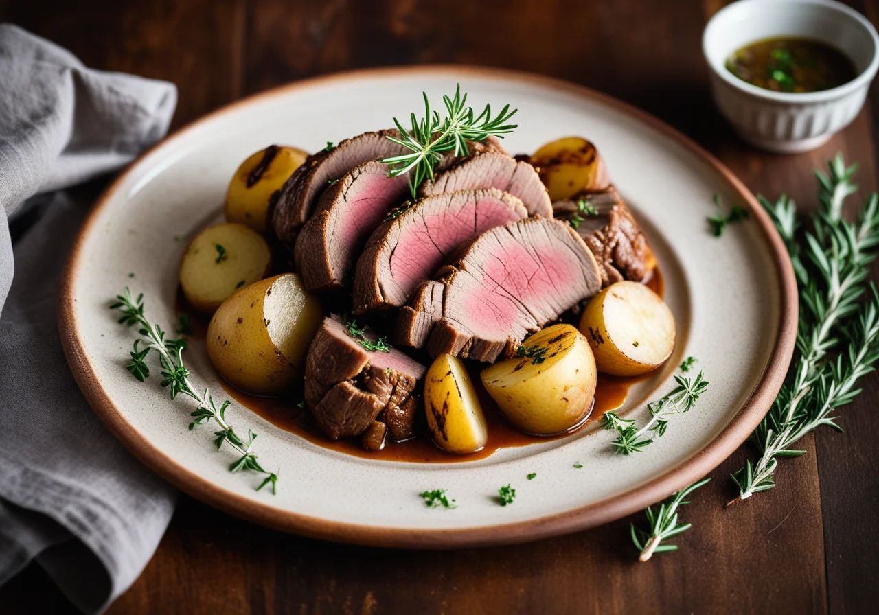 Lamb Neck Roast with Quendel Sauce and Fried Potatoes