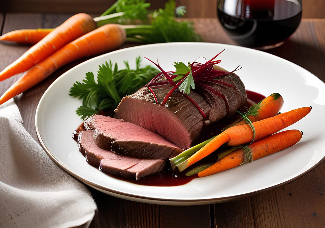 Braised Beef Roast with Red Wine Sauce and Mixed Vegetables
