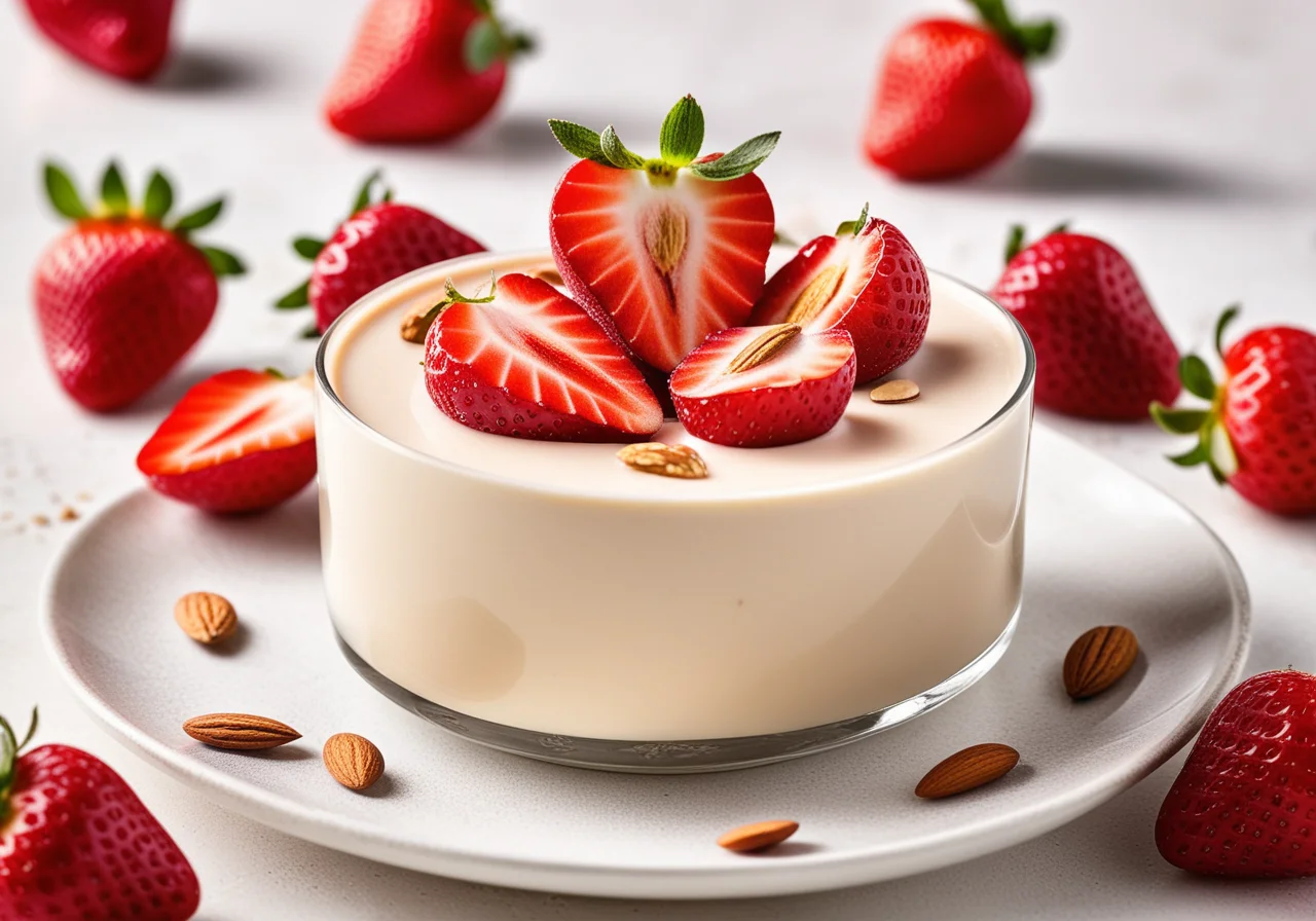 Panna cotta with strawberries and almonds