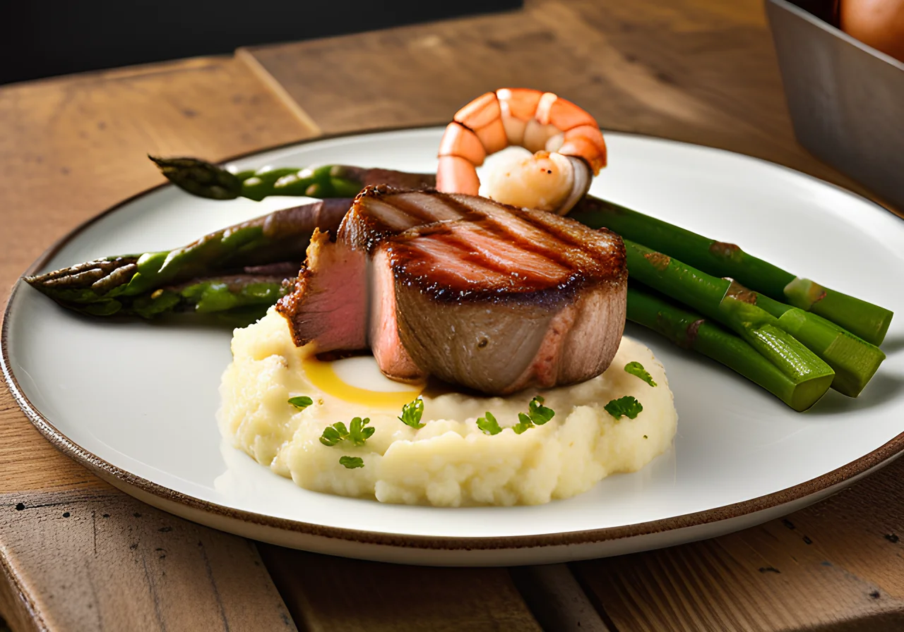 Surf and Turf with Green Asparagus and Mashed Potatoes