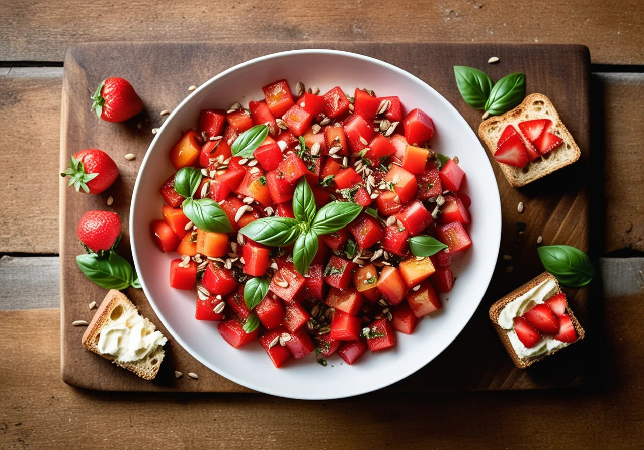 Panzanella with Strawberry-Basil Marmalade and Cheese
