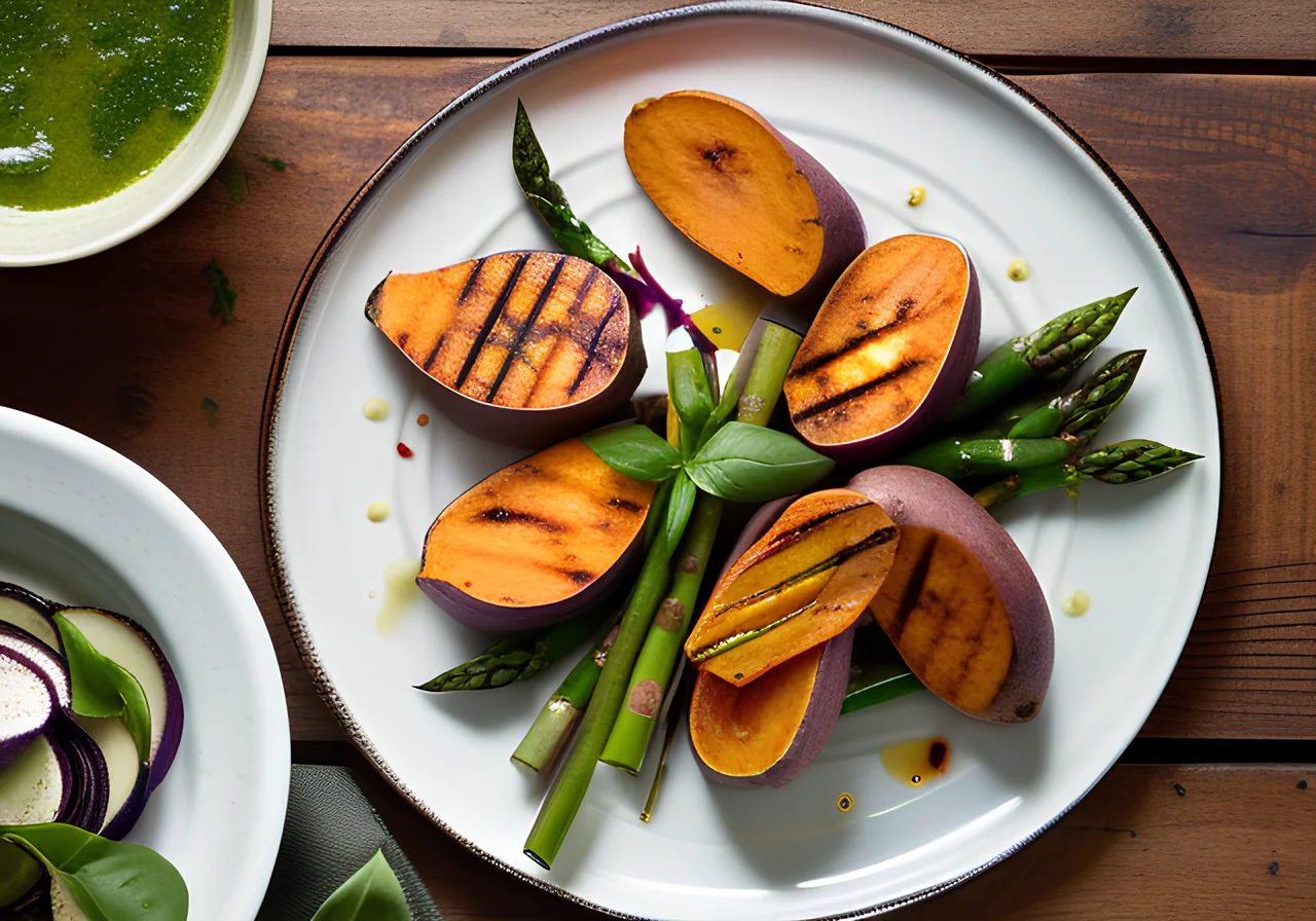Sweet Potatoes with Asparagus, Eggplant and Halloumi