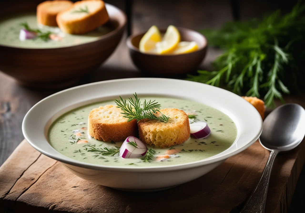 Fresh Herb Soup with Salmon and Herring Croquettes