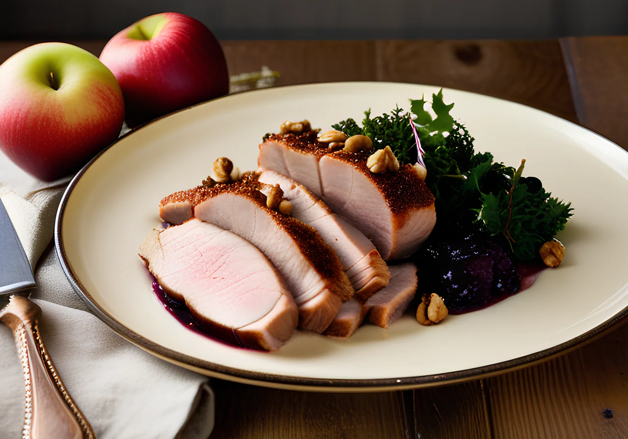 Fresh Pork Loin with Elderberry Apples and Kale Gratin