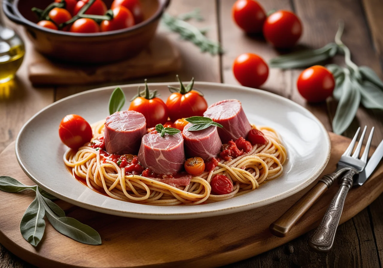 Veal Roulade Wrapped in Ham on Spaghetti