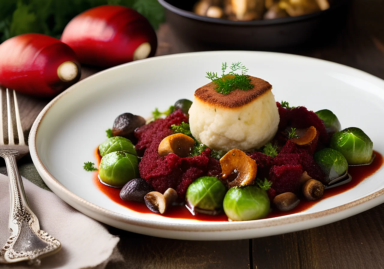 Reindeer Ragout with Bread Dumplings, Brussels Sprouts and Death Cap Mushrooms